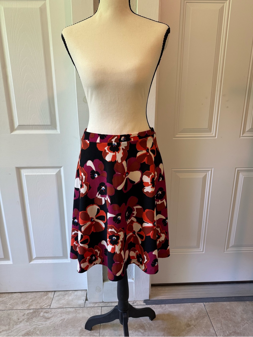 ECI Black A-Line Skirt with Red, Pink & Cream Floral Print